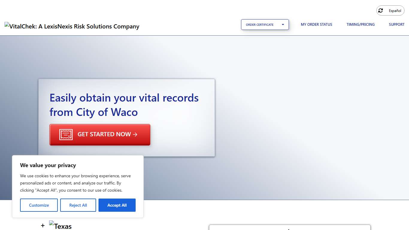 City of Waco (TX) Order Certificates - VitalChek